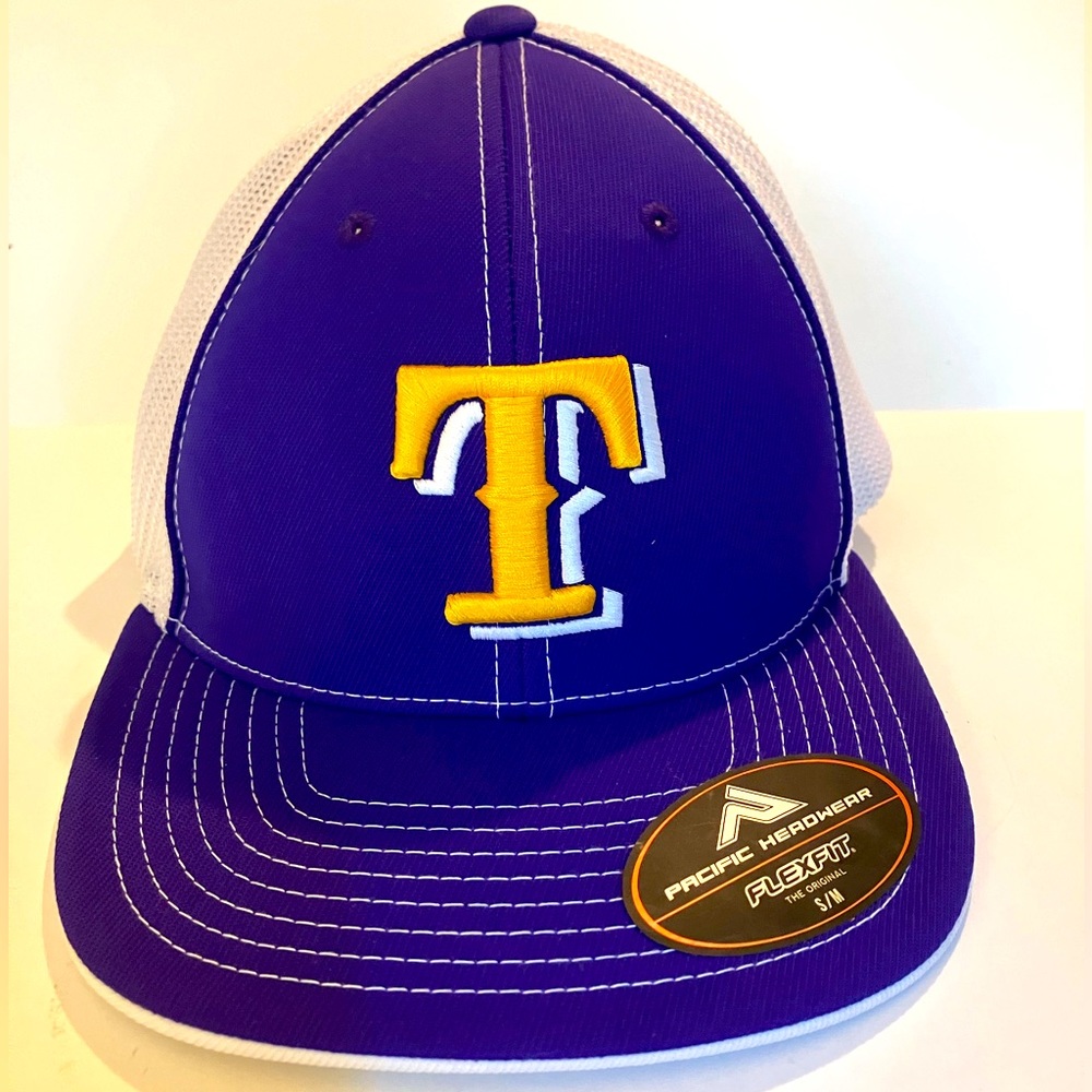 Purple White Cap with Gold Initial T Baseball Hat S/M 6-7/8 - 7-3/8 Pacific